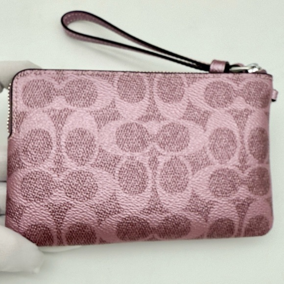 Coach Boxed Corner Zip Wristlet In Signature Canvas With Charms Silver Pink Rose - Picture 3 of 16